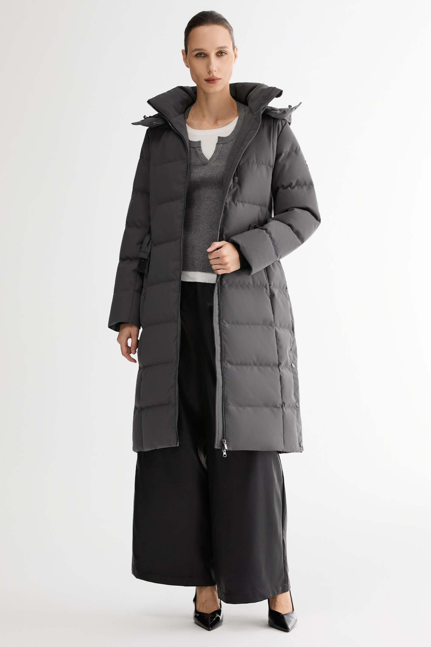 Celeste Long Hooded Belted Down Coat