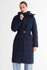 Celeste Long Hooded Belted Down Coat