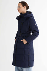 Celeste Long Hooded Belted Down Coat