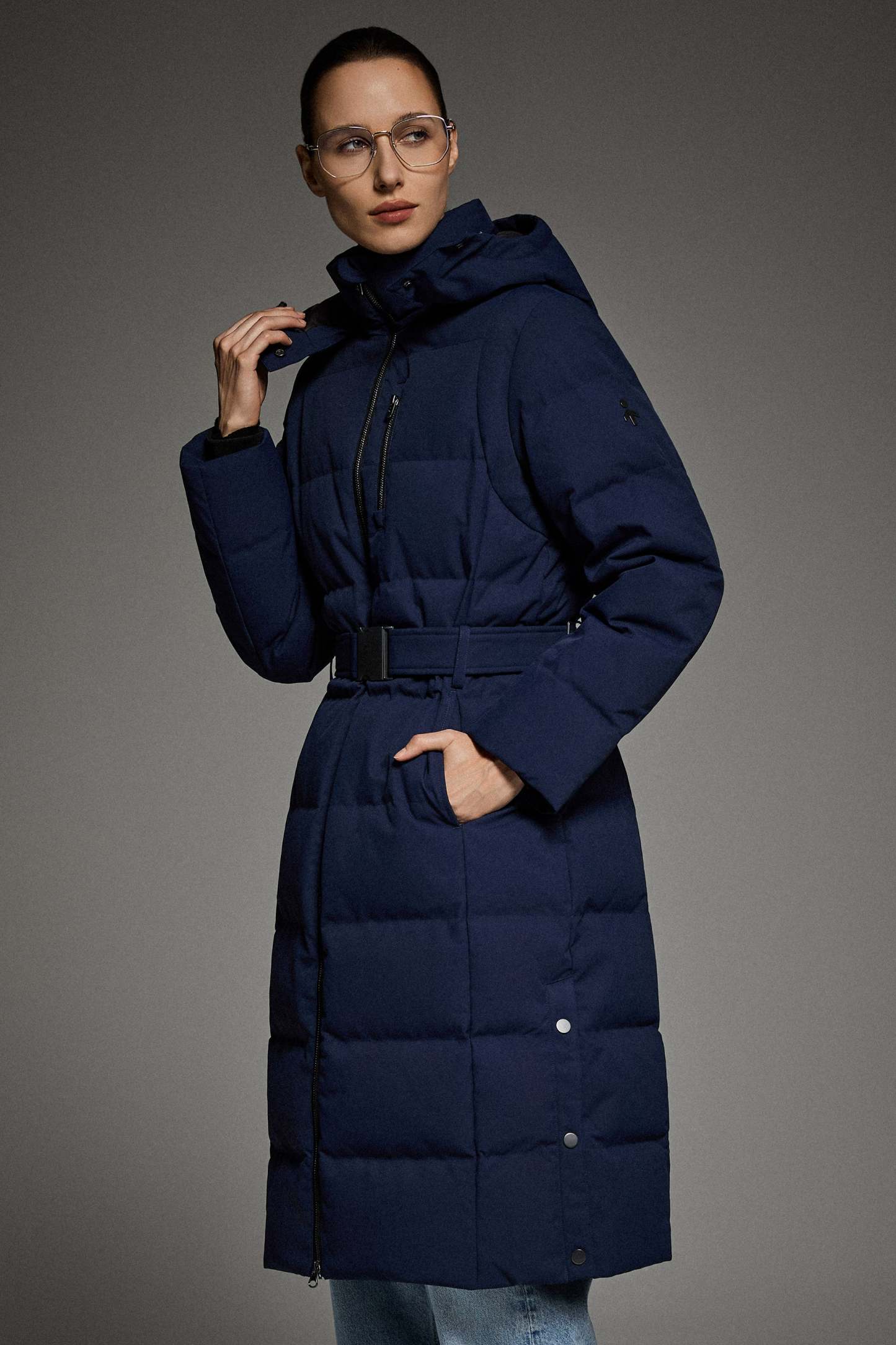 Celeste Long Hooded Belted Down Coat