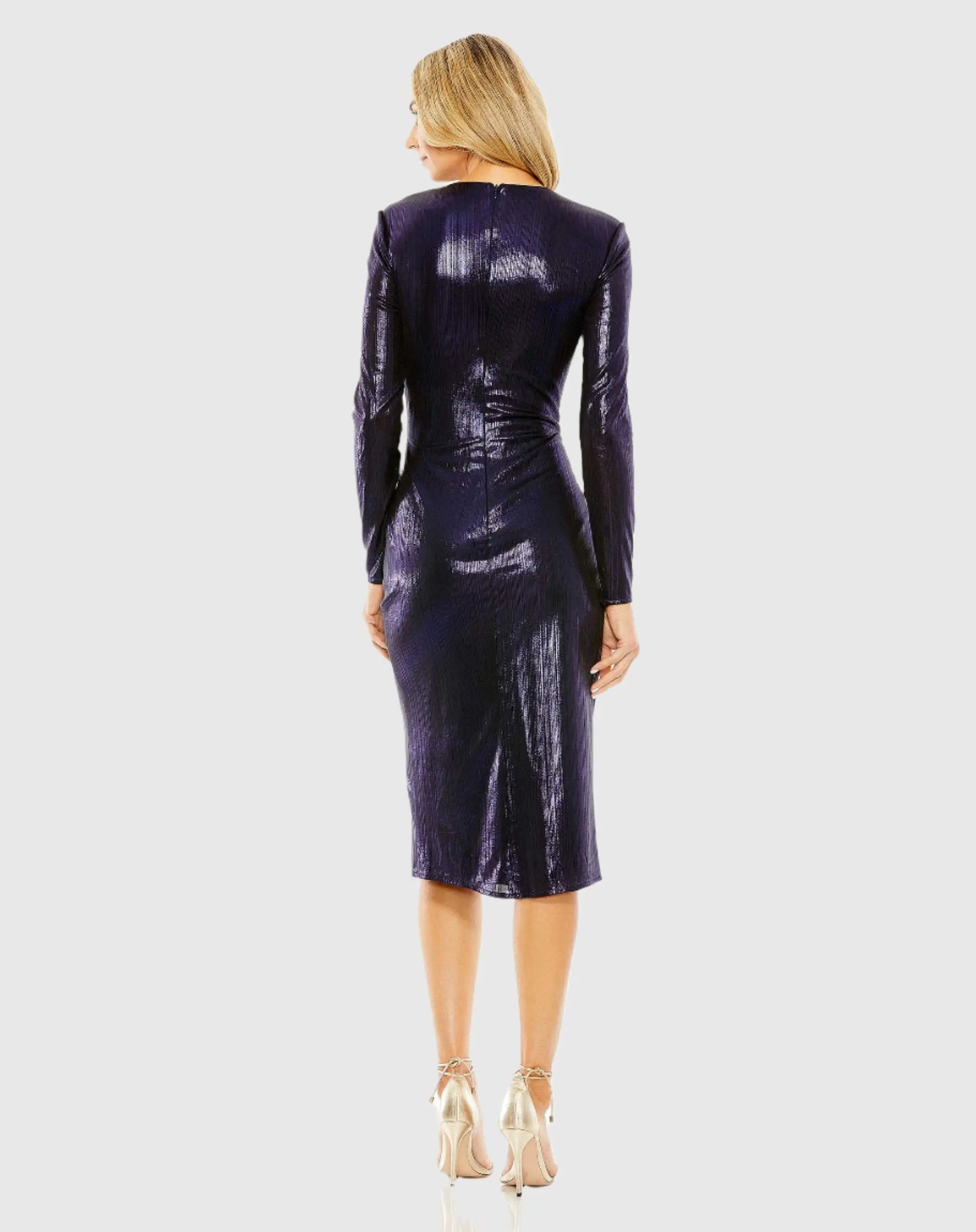 Purple Long Sleeve Knot Detail Slit Metallic Dress