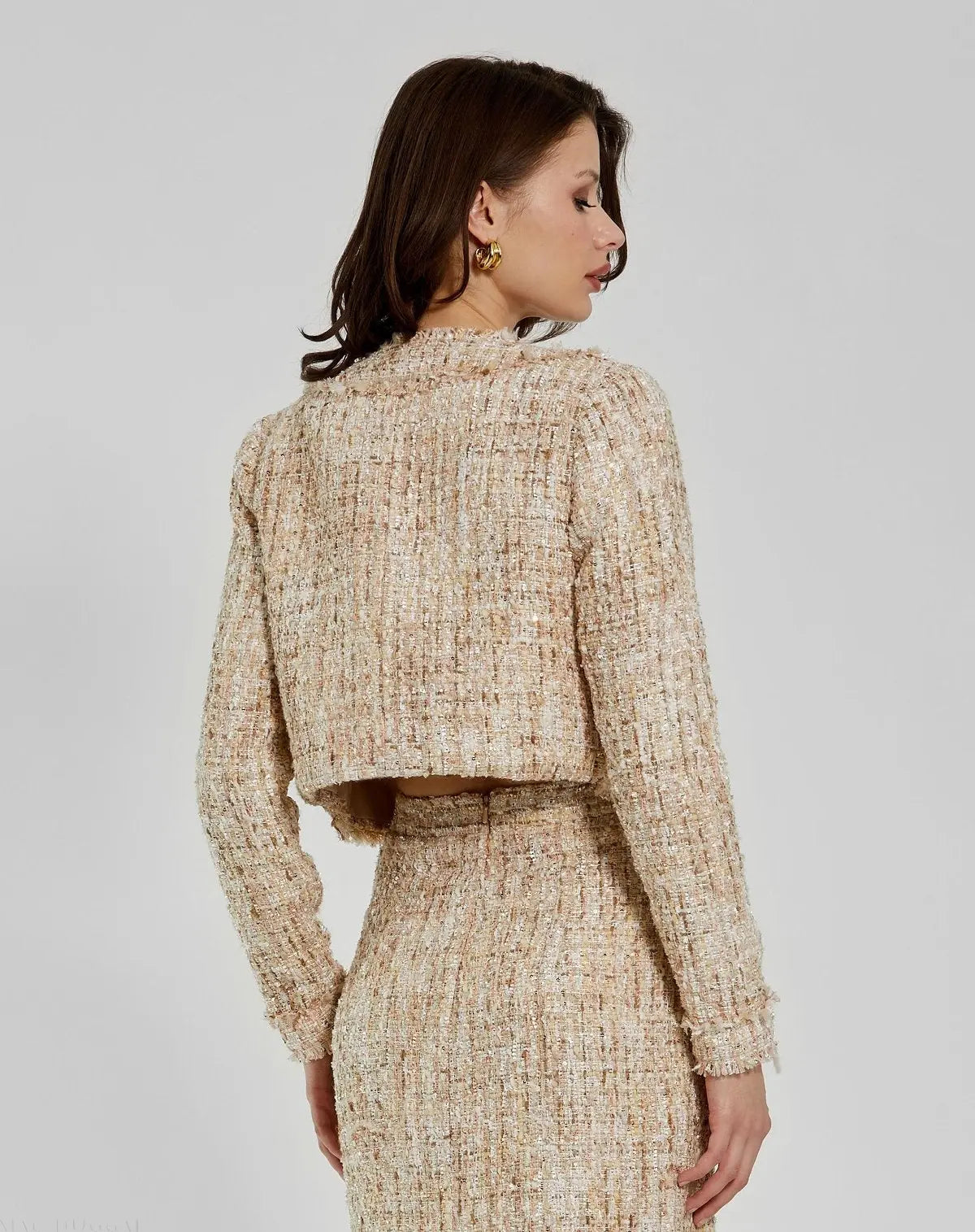 Beige Long Sleeve Cropped Boucle Jacket