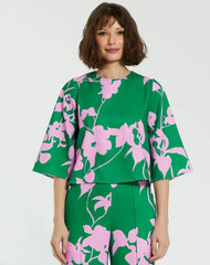 Green Printed Crepe 3/4 Bell Sleeve High Neck Top - FINAL SALE