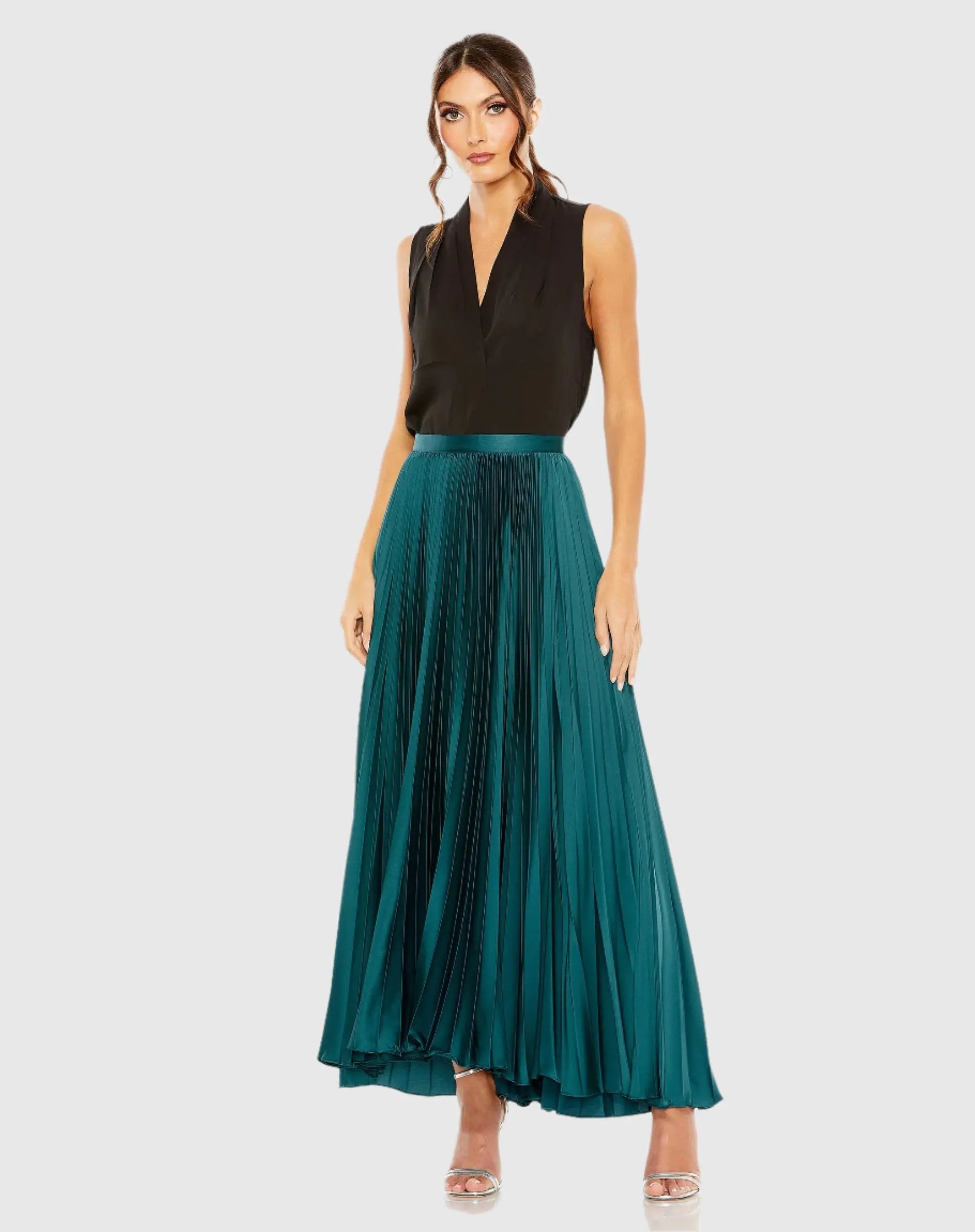 Blue Ankle Length Satin Pleated Skirt