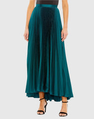Blue Ankle Length Satin Pleated Skirt