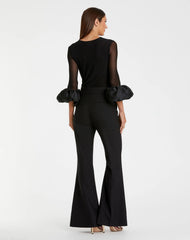 Black Mesh Long Sleeve Bodysuit With Satin Puff Sleeve - FINAL SALE