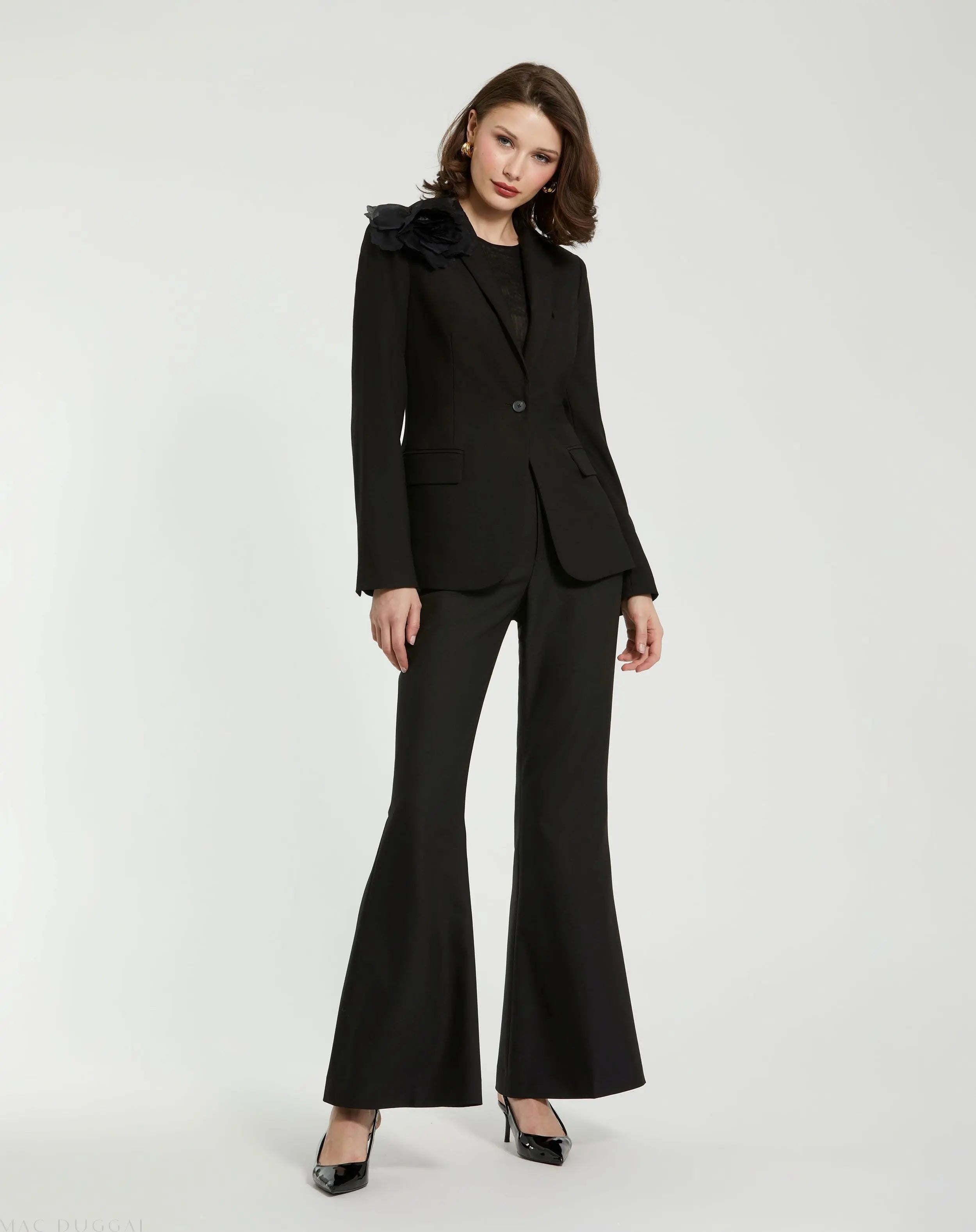 Black Classic Crepe Blazer Jacket With Flower - FINAL SALE