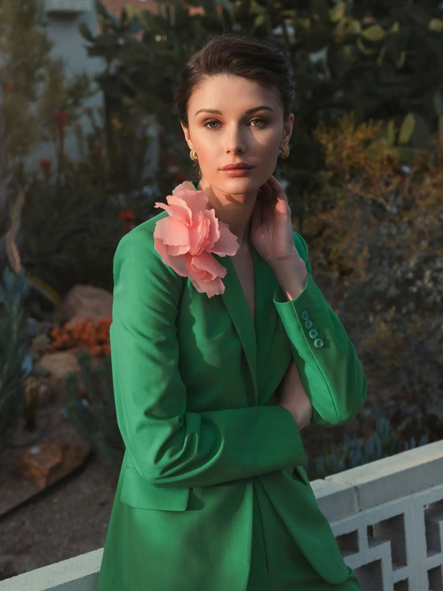Green Classic Crepe Blazer Jacket With Flower