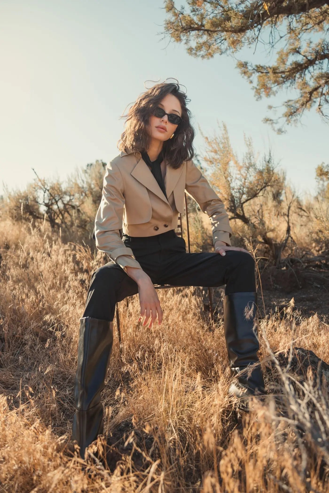 Beige Twill Cropped Tailored Trench Jacket