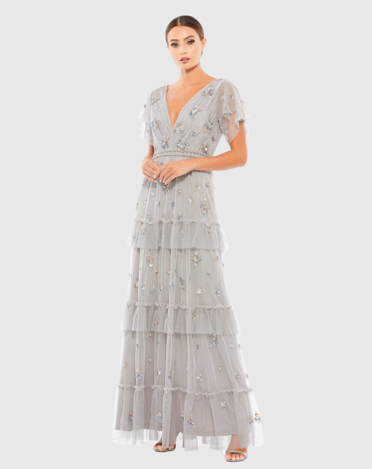 Gray Ruffle Tiered Embellished Flutter Sleeve Gown