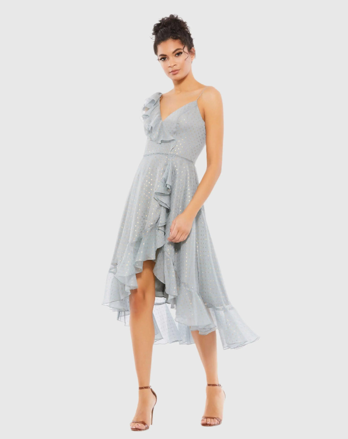 Gray Ruffled Faux Wrap Midi Dress