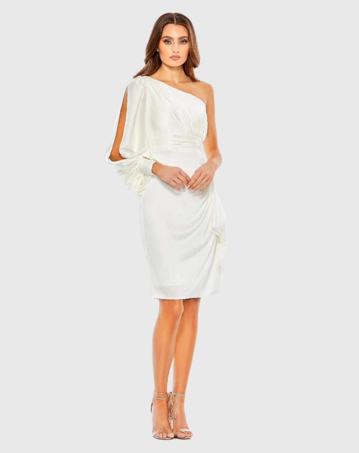 White Satin One Sleeve Cocktail Dress