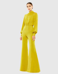 Green Satin Raglan Long Sleeve High Neck Jumpsuit