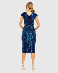 Blue Sequin Faux Wrap Front Slit Dress