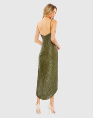 Green Sequined Faux Wrap Asymmetrical Hem Dress