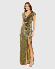 Green Sequined Faux Wrap Cap Sleeve Gown