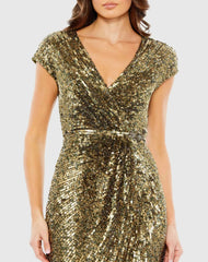 Green Sequined Faux Wrap Cap Sleeve Gown