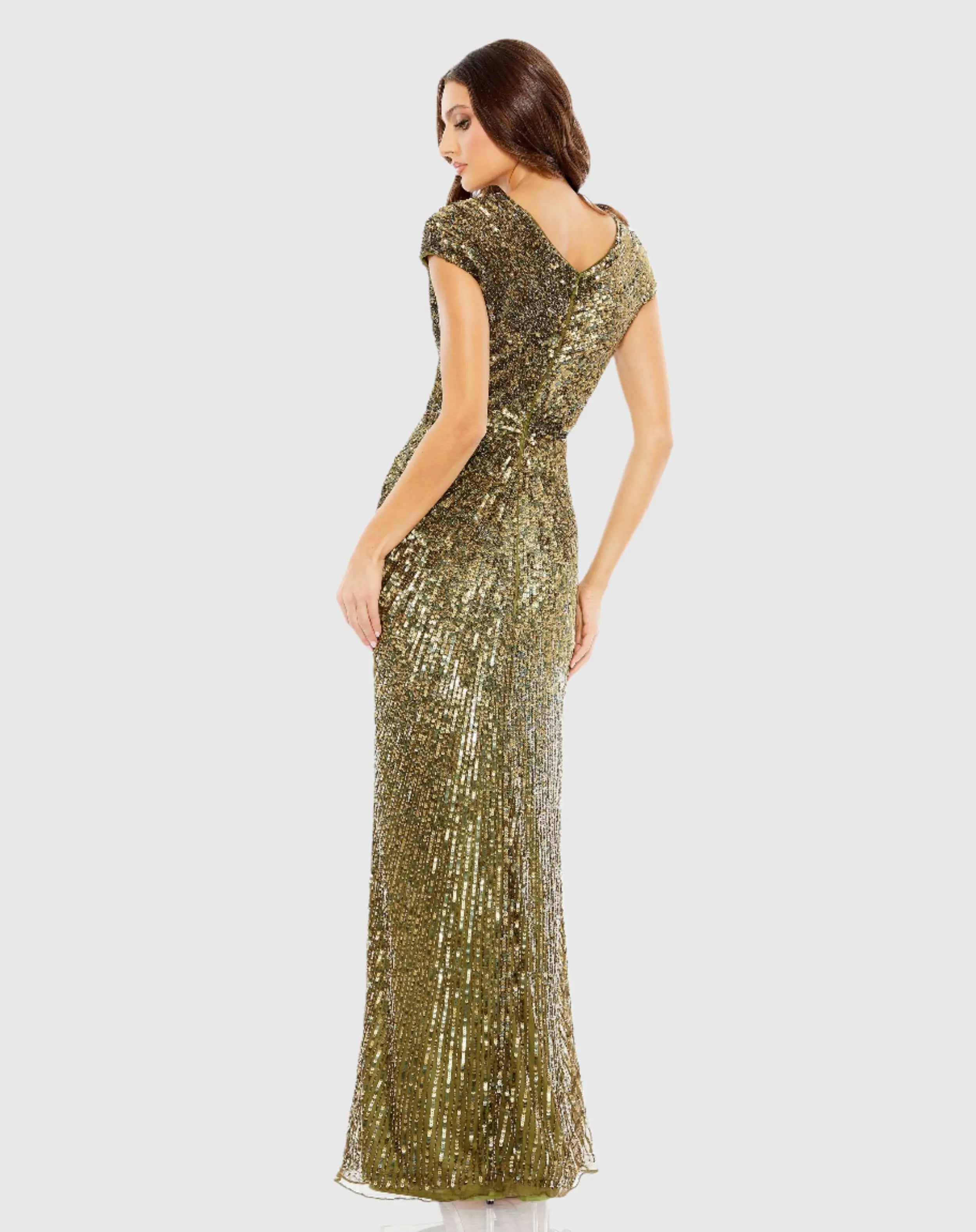 Green Sequined Faux Wrap Cap Sleeve Gown