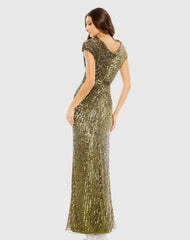 Green Sequined Faux Wrap Cap Sleeve Gown