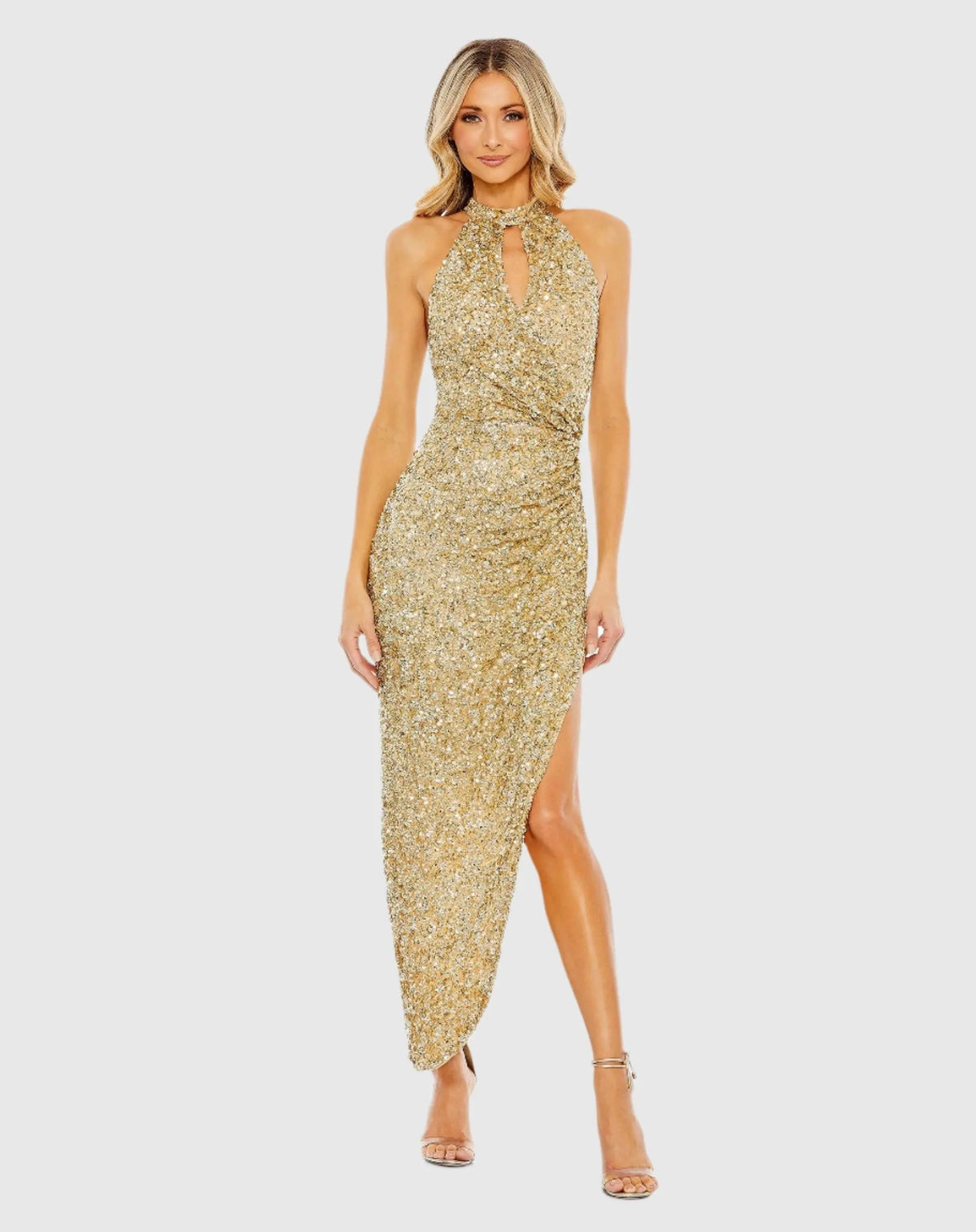 Gold Sequined High Neck Keyhole Asymmetrical Dress