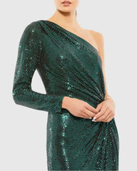 Green One Sleeve Draped Sequin Gown