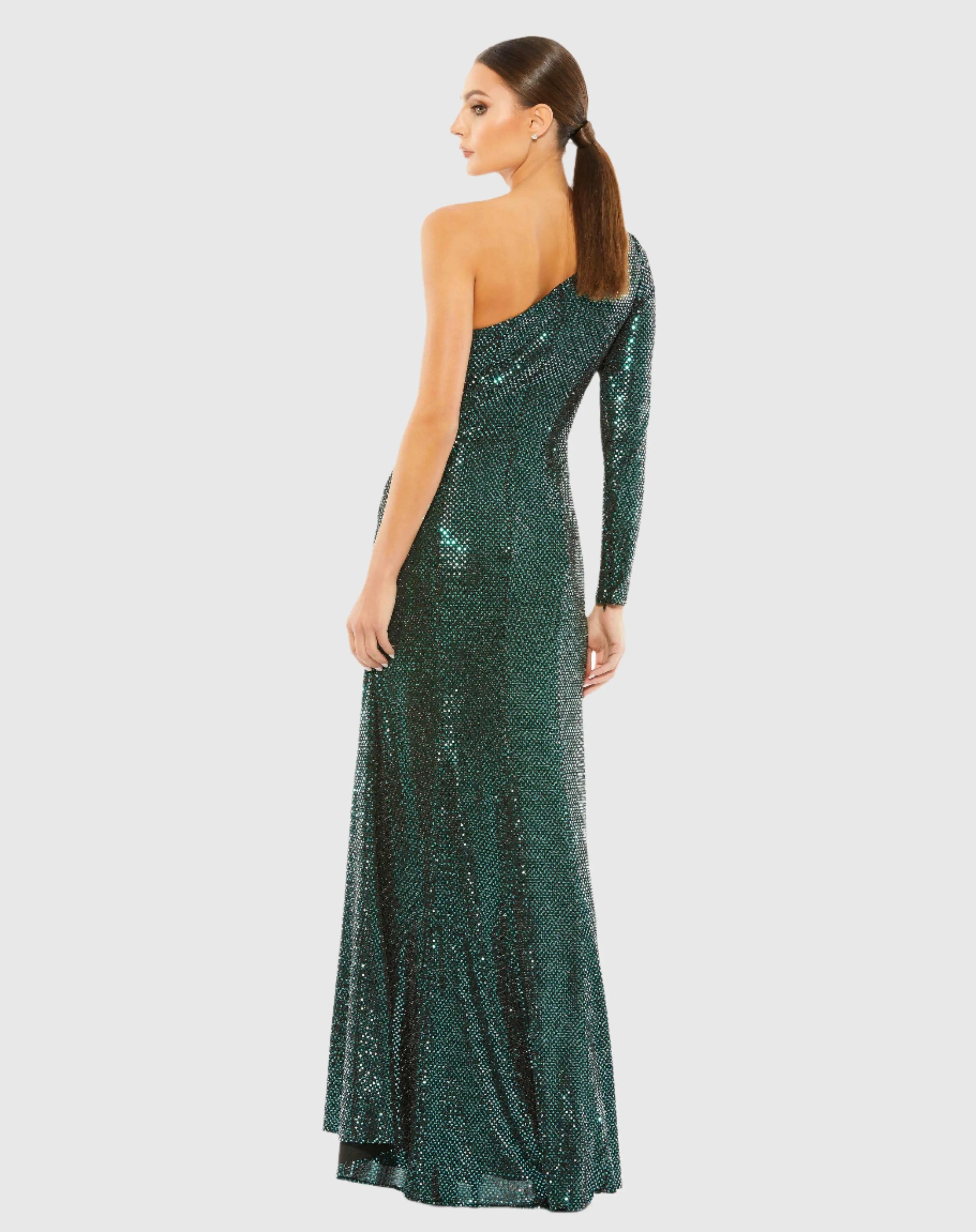 Green One Sleeve Draped Sequin Gown