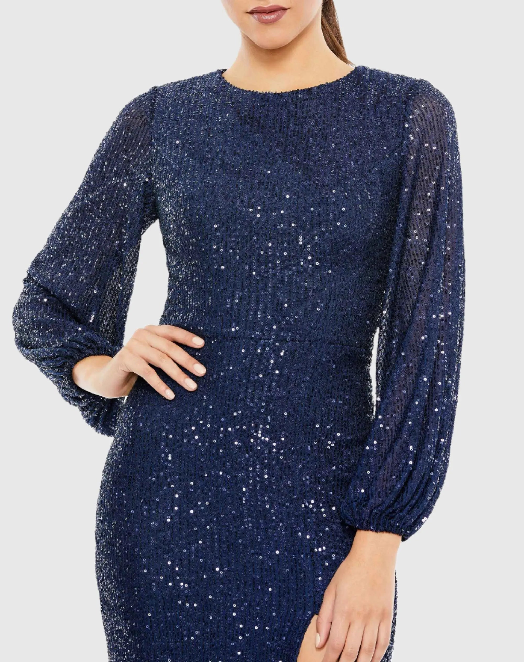 Navy Sequined Puff Sleeve High Neck Dress