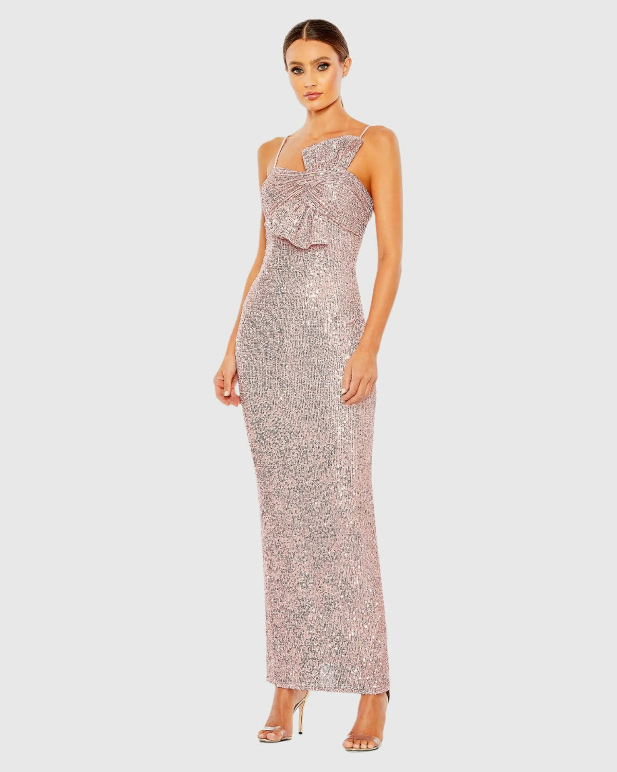 Pink Sequined Strapless Faux Bow Column Dress