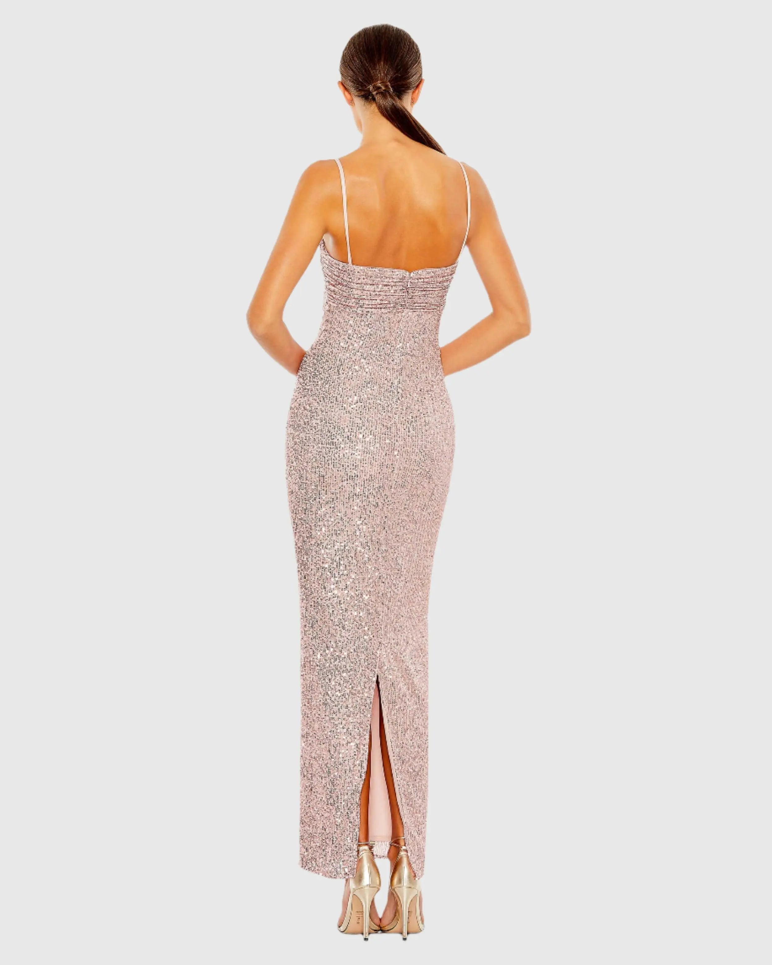 Pink Sequined Strapless Faux Bow Column Dress