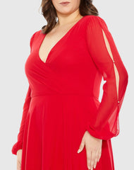 Red Split Puff Sleeve Faux Wrap A Line Gown