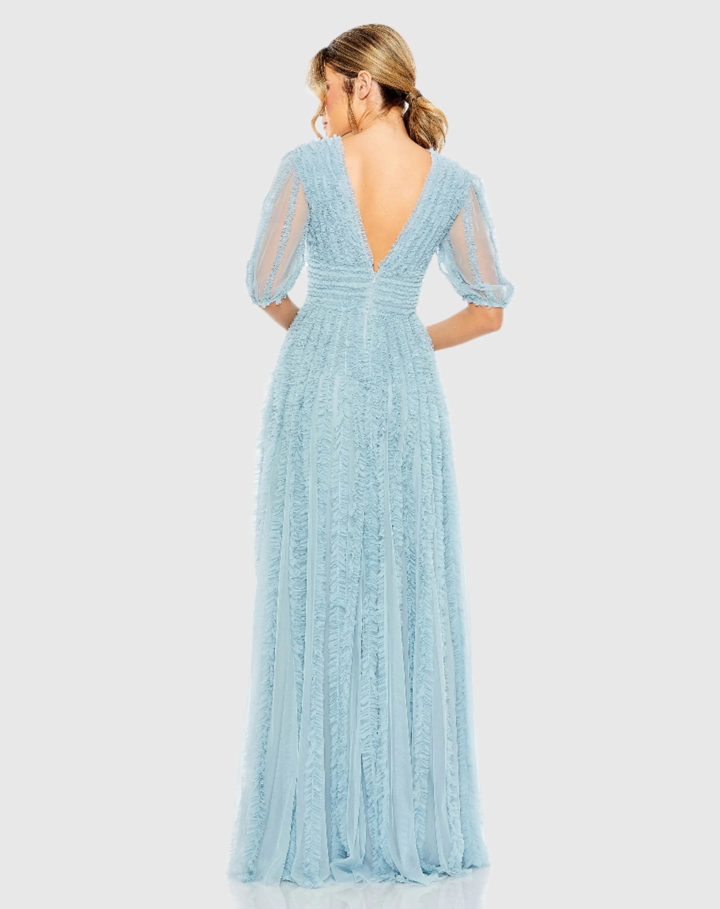 Blue V Neck Puff Sleeve Ruffle Tiered A Line Gown