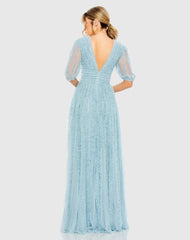 Blue V Neck Puff Sleeve Ruffle Tiered A Line Gown