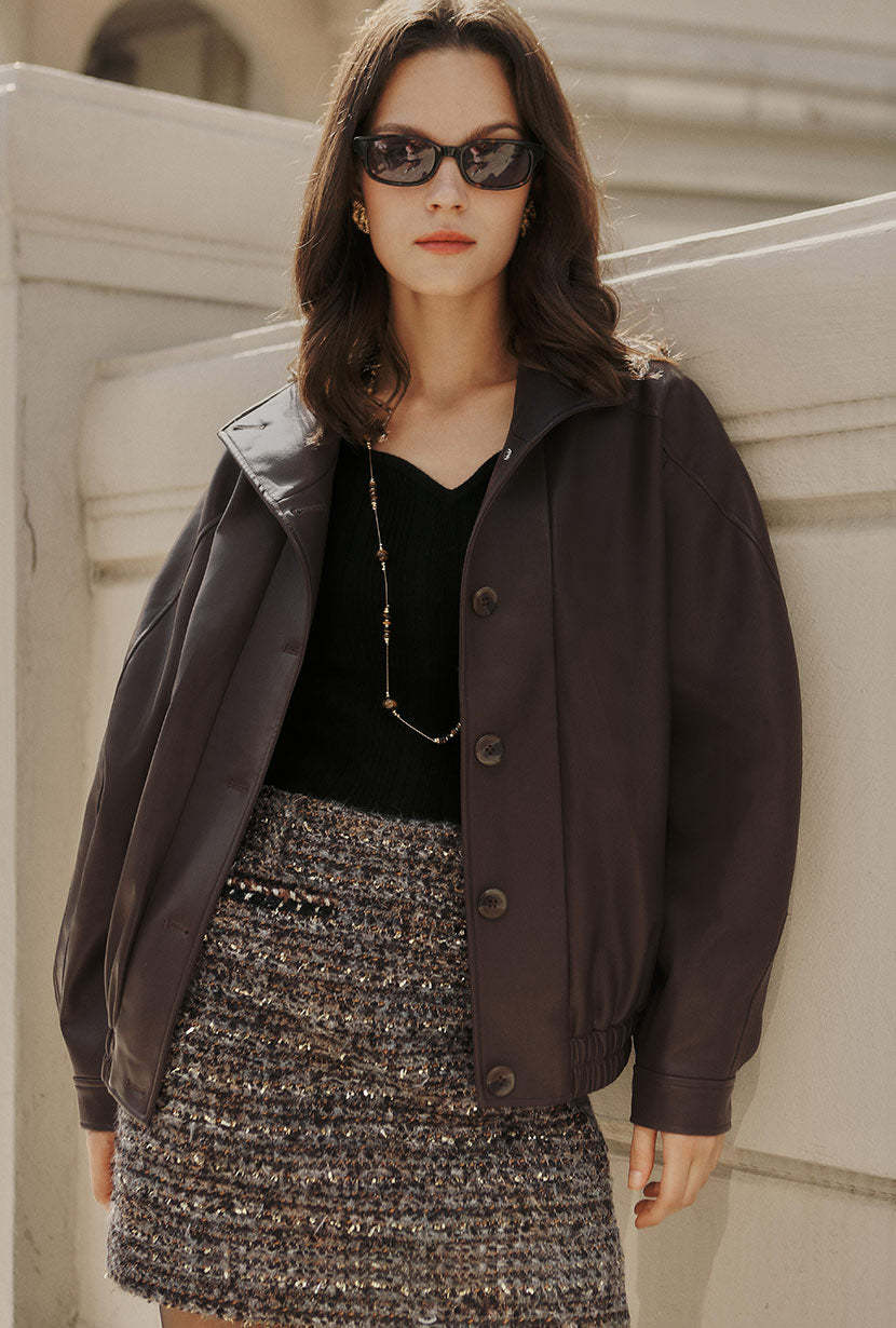 Ashley Oversized Faux Leather Jacket - Dark Umber