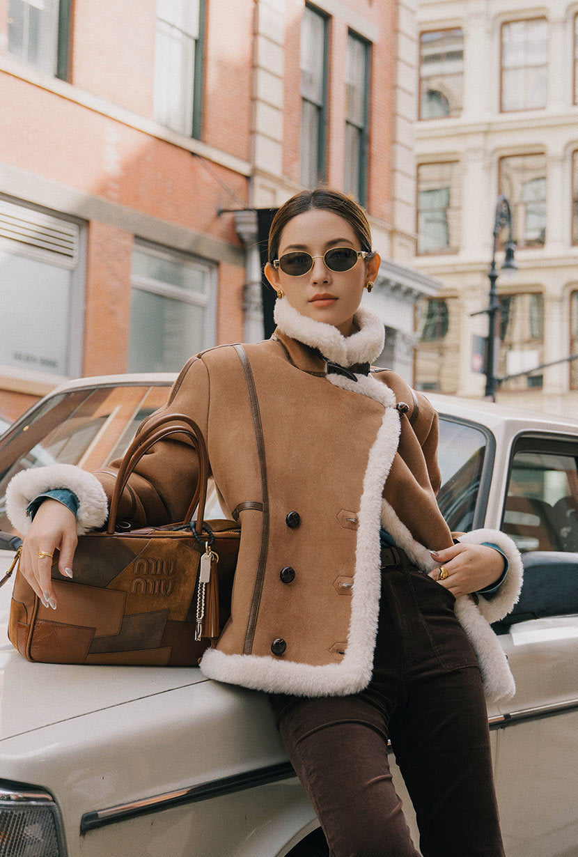 Callen Suede and Fur Faux Shearling Coat - Tawny