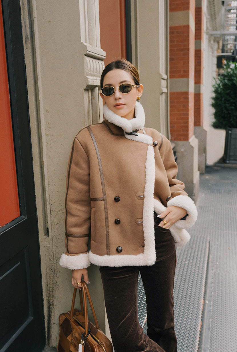 Callen Suede and Fur Faux Shearling Coat - Tawny