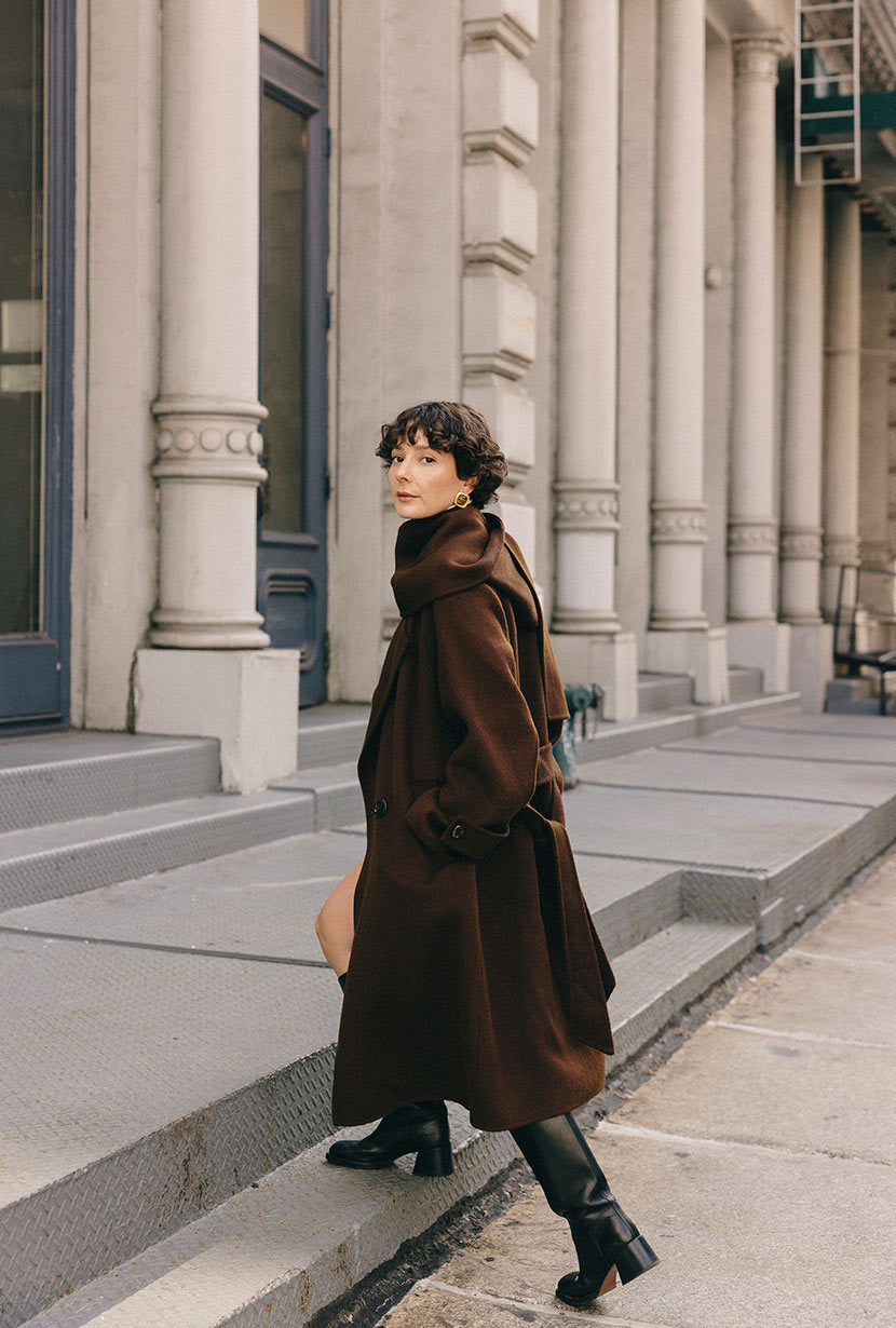Carina Wool & Silk Scarf Coat - Chocolate