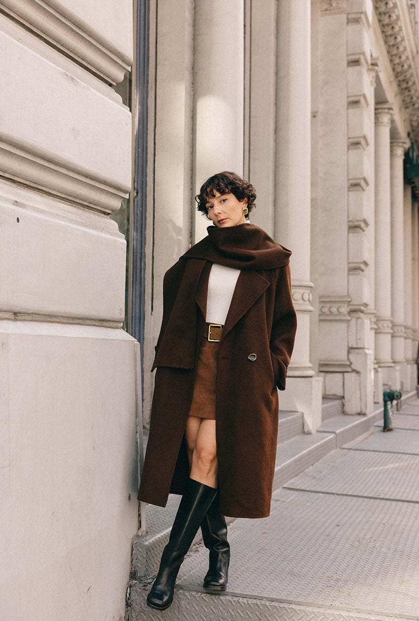 Carina Wool & Silk Scarf Coat - Chocolate