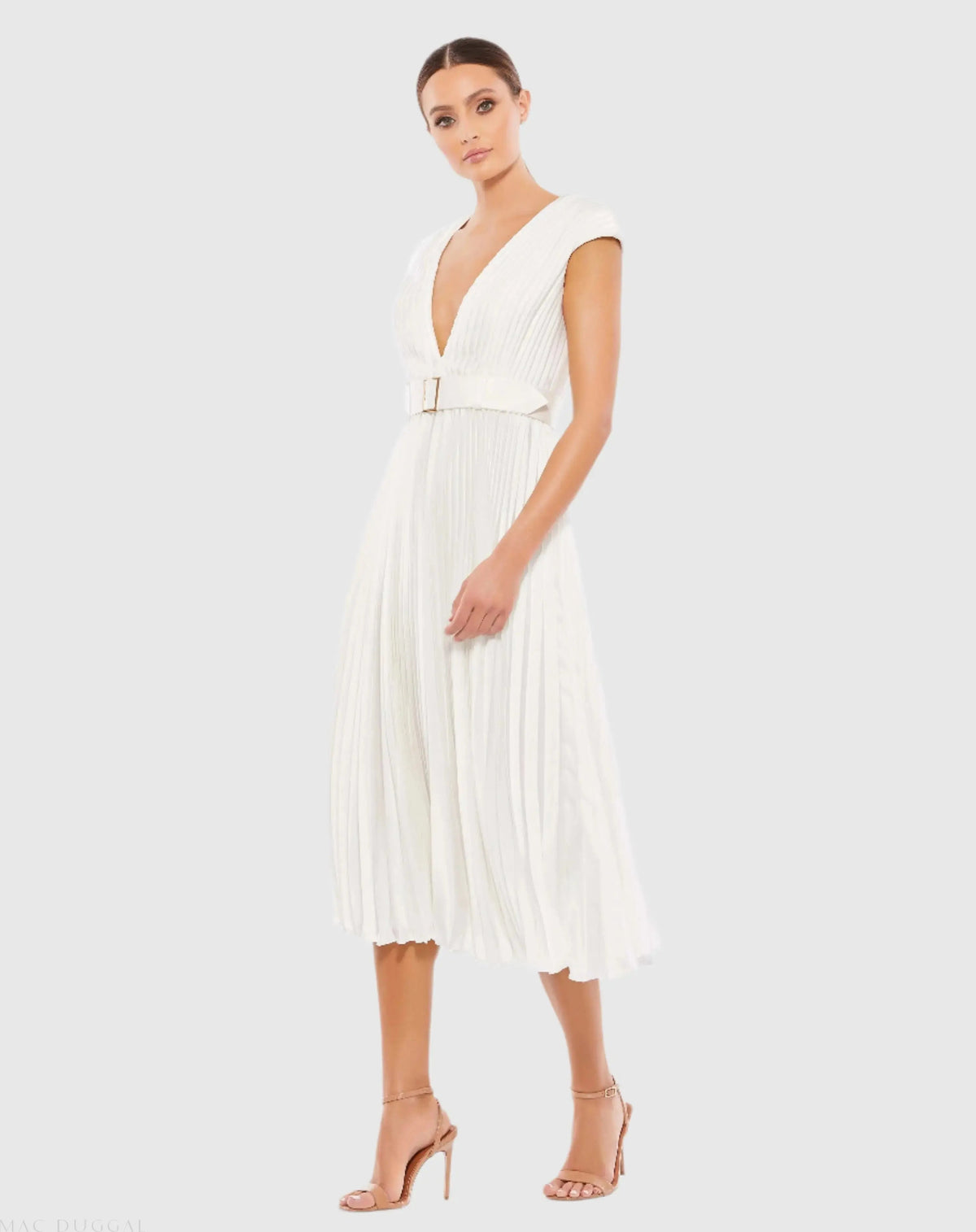 White Pleated Cap Sleeve Belted A Line Dress