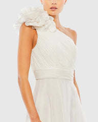 White Rosette One Shoulder Tea Length Dress