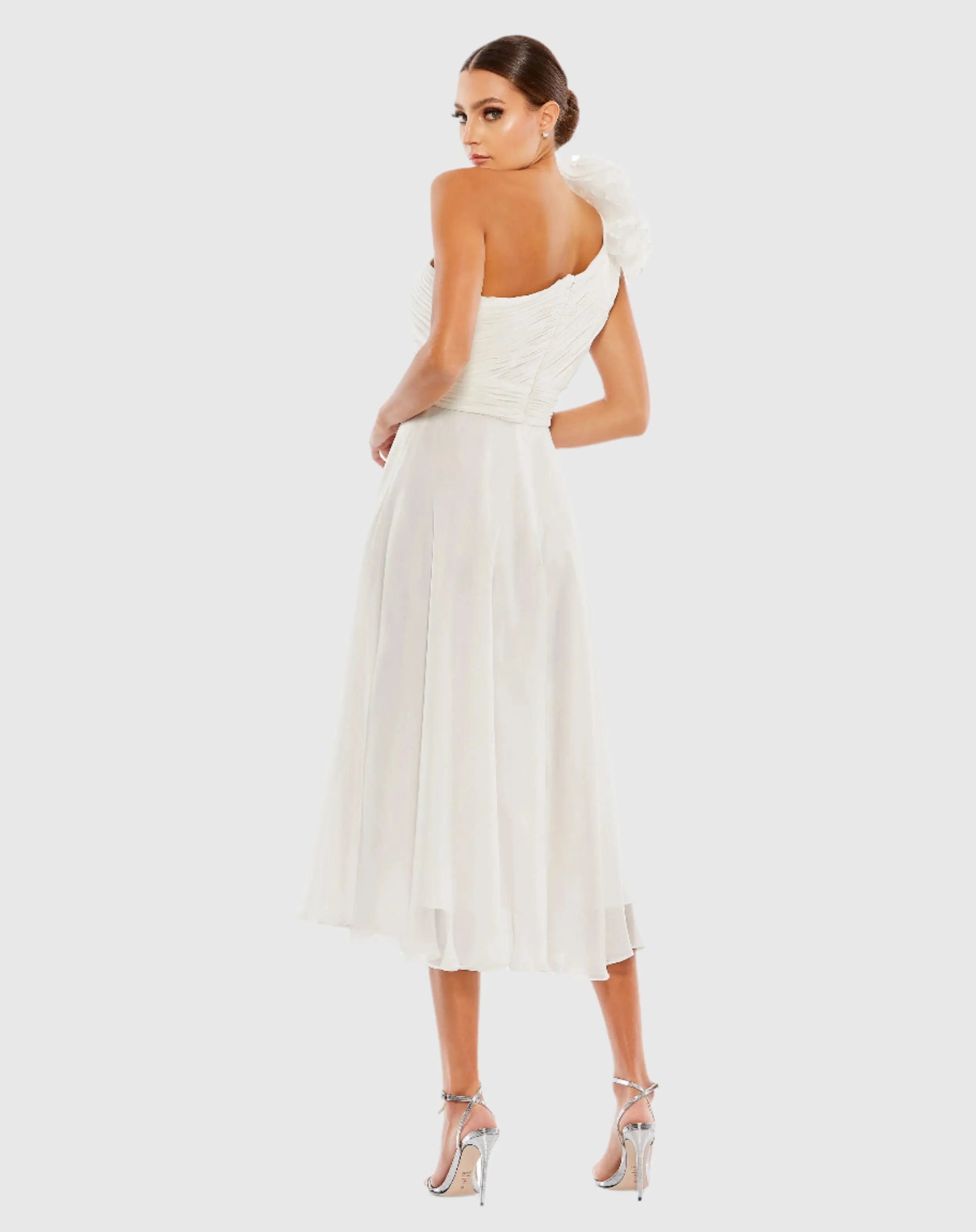 White Rosette One Shoulder Tea Length Dress