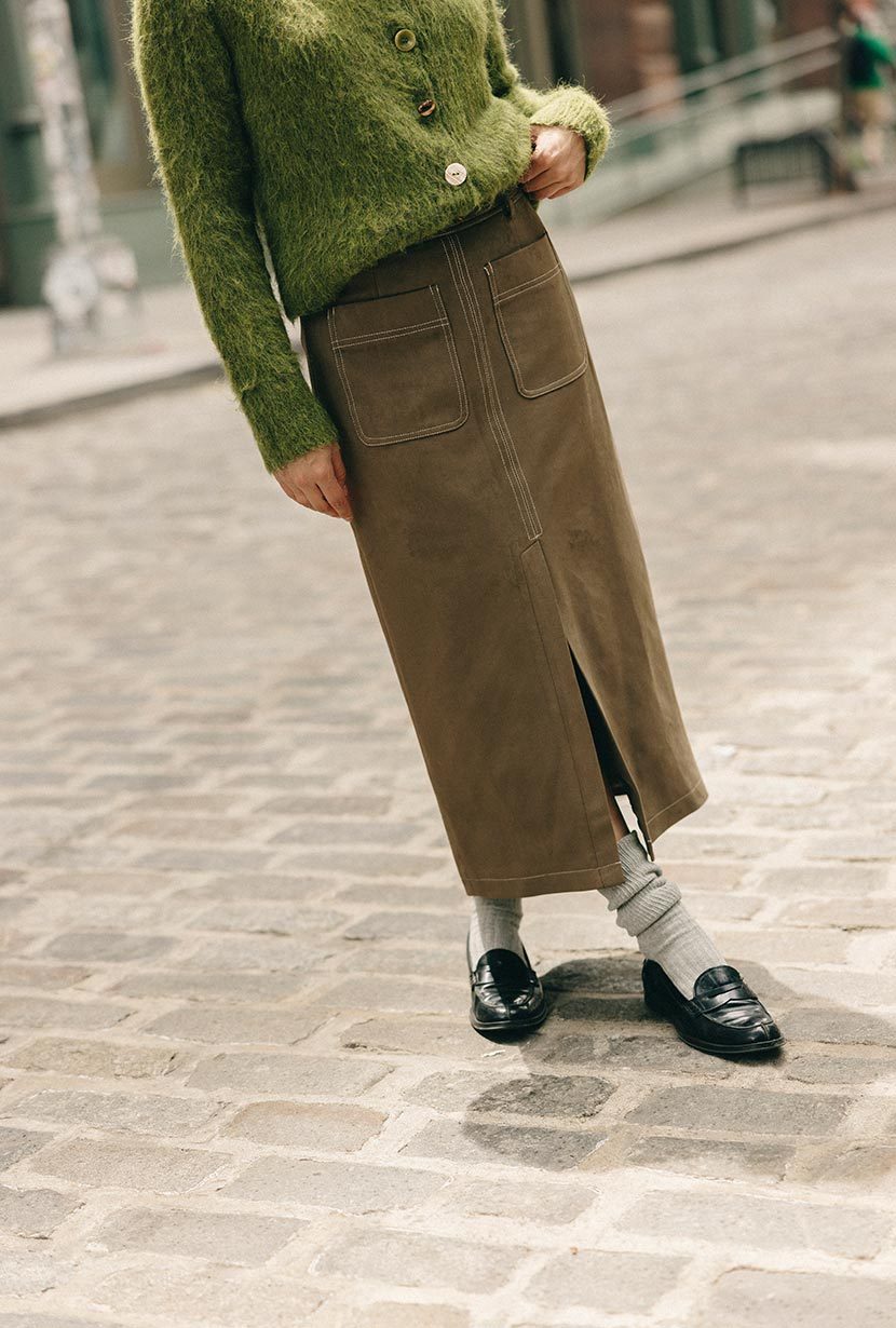 Debbie Suede Pencil Skirt - Kahki Green