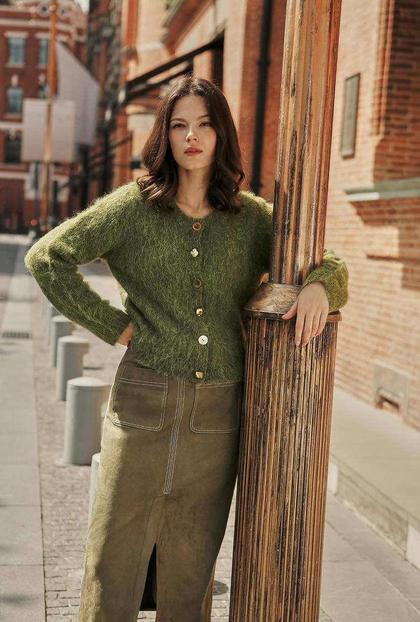 Debbie Suede Pencil Skirt - Kahki Green