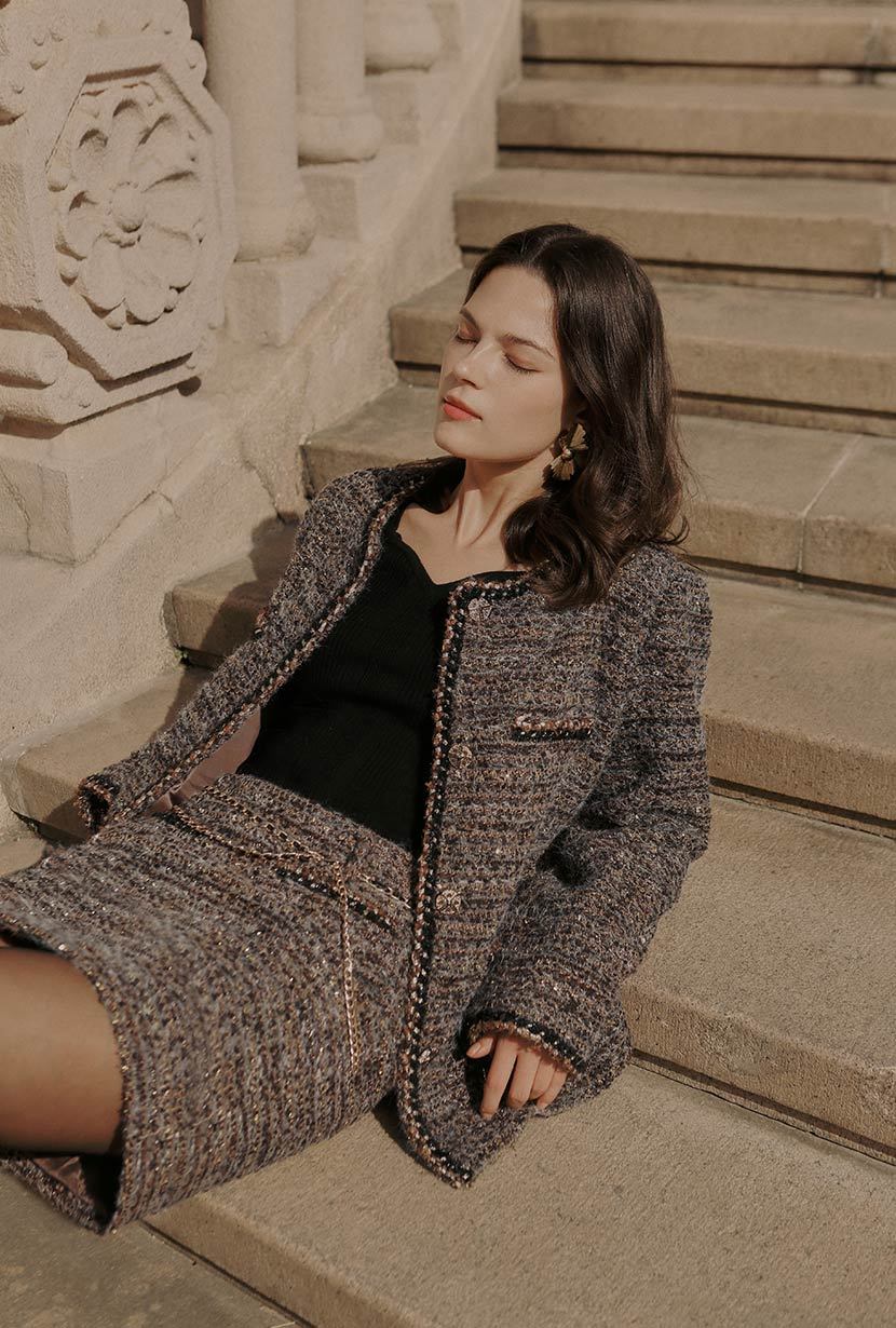 Ashton Mini Wool Tweed Skirt - Charcoal