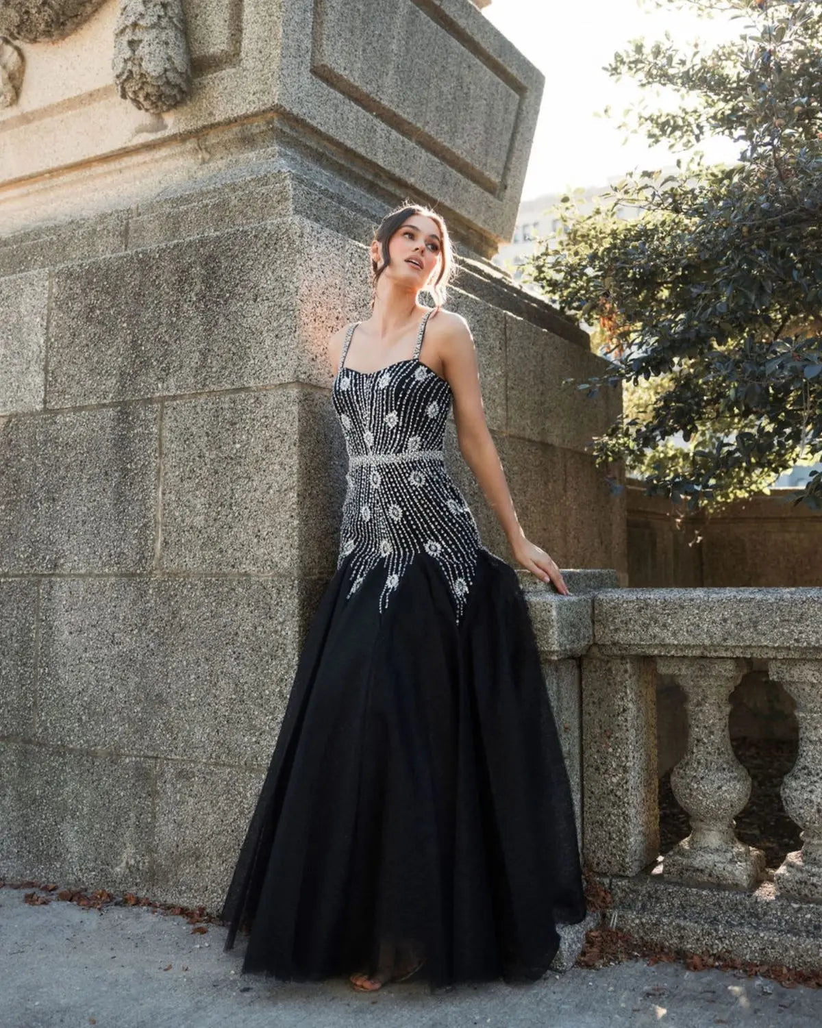 Black Slim Strap Embellished Bustier Gown