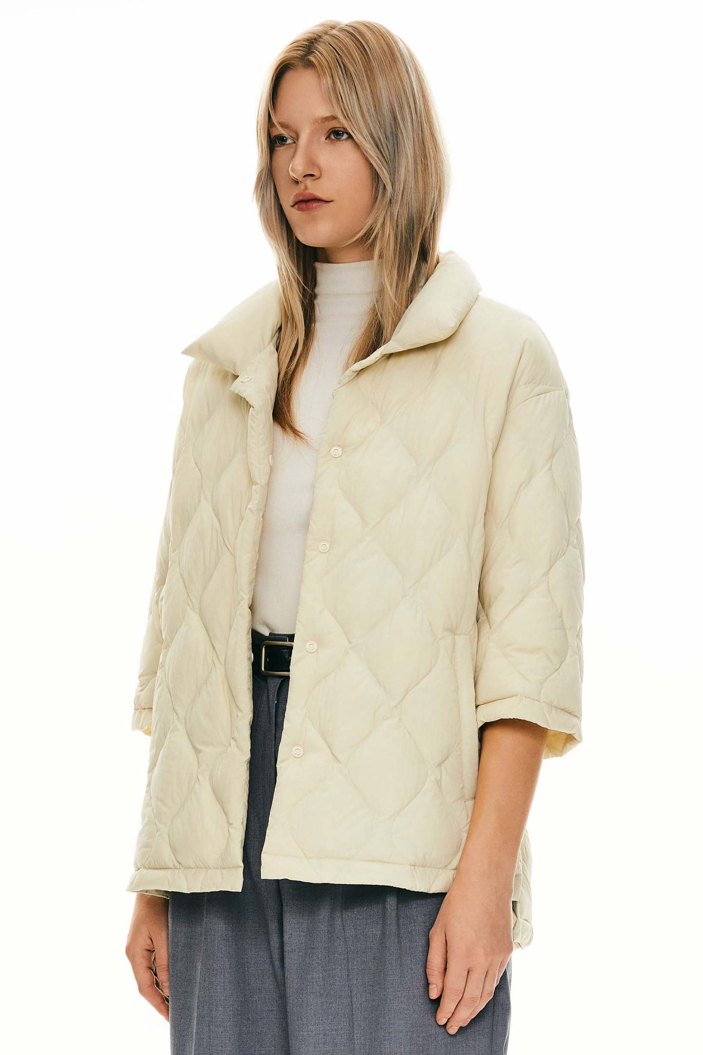 Down Puffer Jacket Three-quarter Sleeves Lightweight Oversized