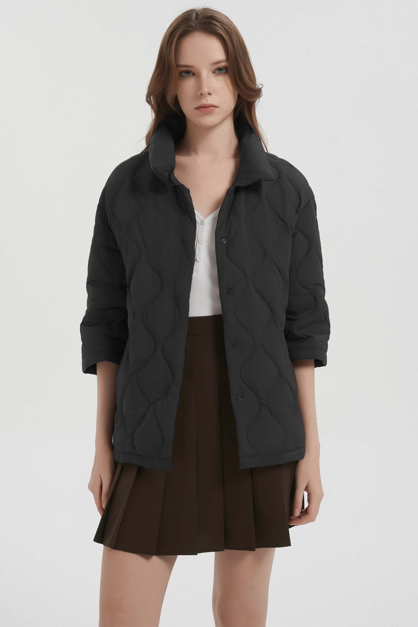 Down Puffer Jacket Three-quarter Sleeves Lightweight Oversized