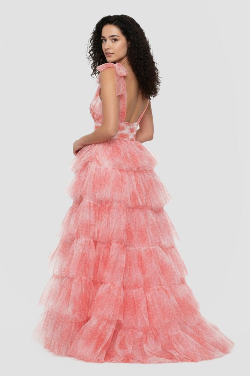 Kylee | V-Neck Tie Straps Red Floral Print Layered Long Prom Dress