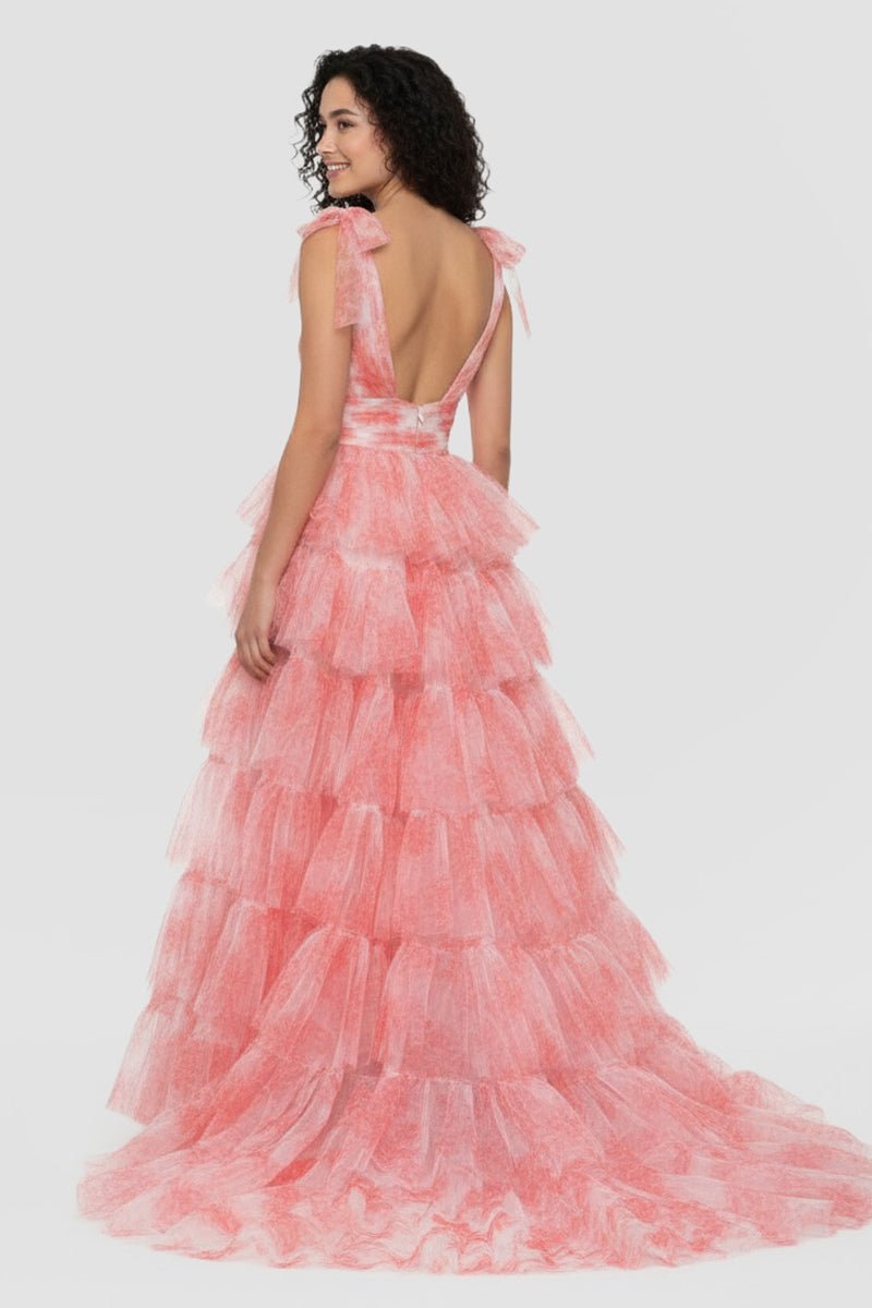 Kylee | V-Neck Tie Straps Red Floral Print Layered Long Prom Dress