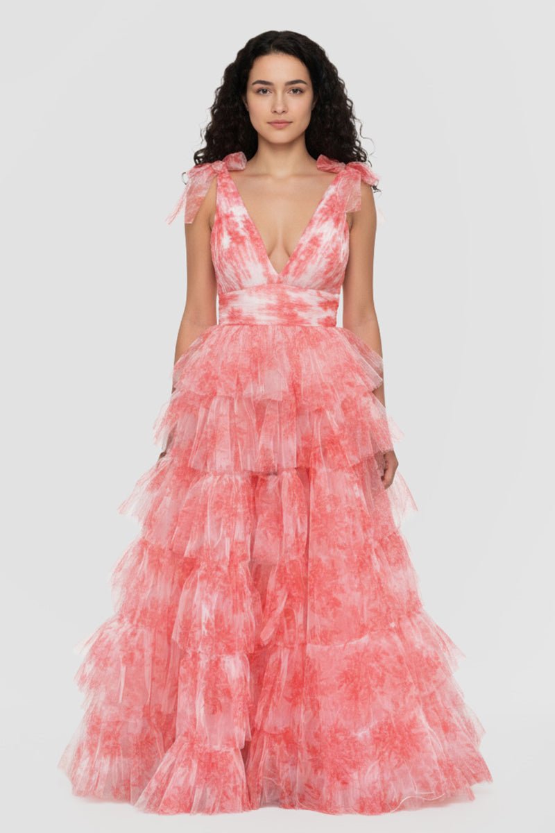 Kylee | V-Neck Tie Straps Red Floral Print Layered Long Prom Dress