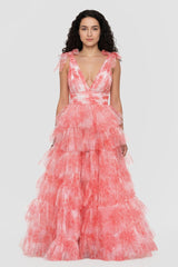 Kylee | V-Neck Tie Straps Red Floral Print Layered Long Prom Dress